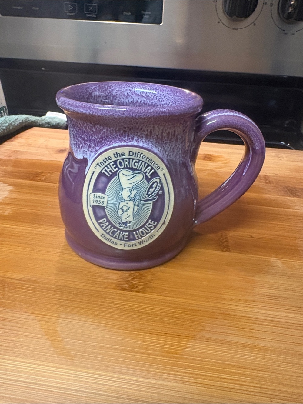 Deneen Pottery The Original Pancake House Purple Ceramic Logo Mug - Comfort Grip